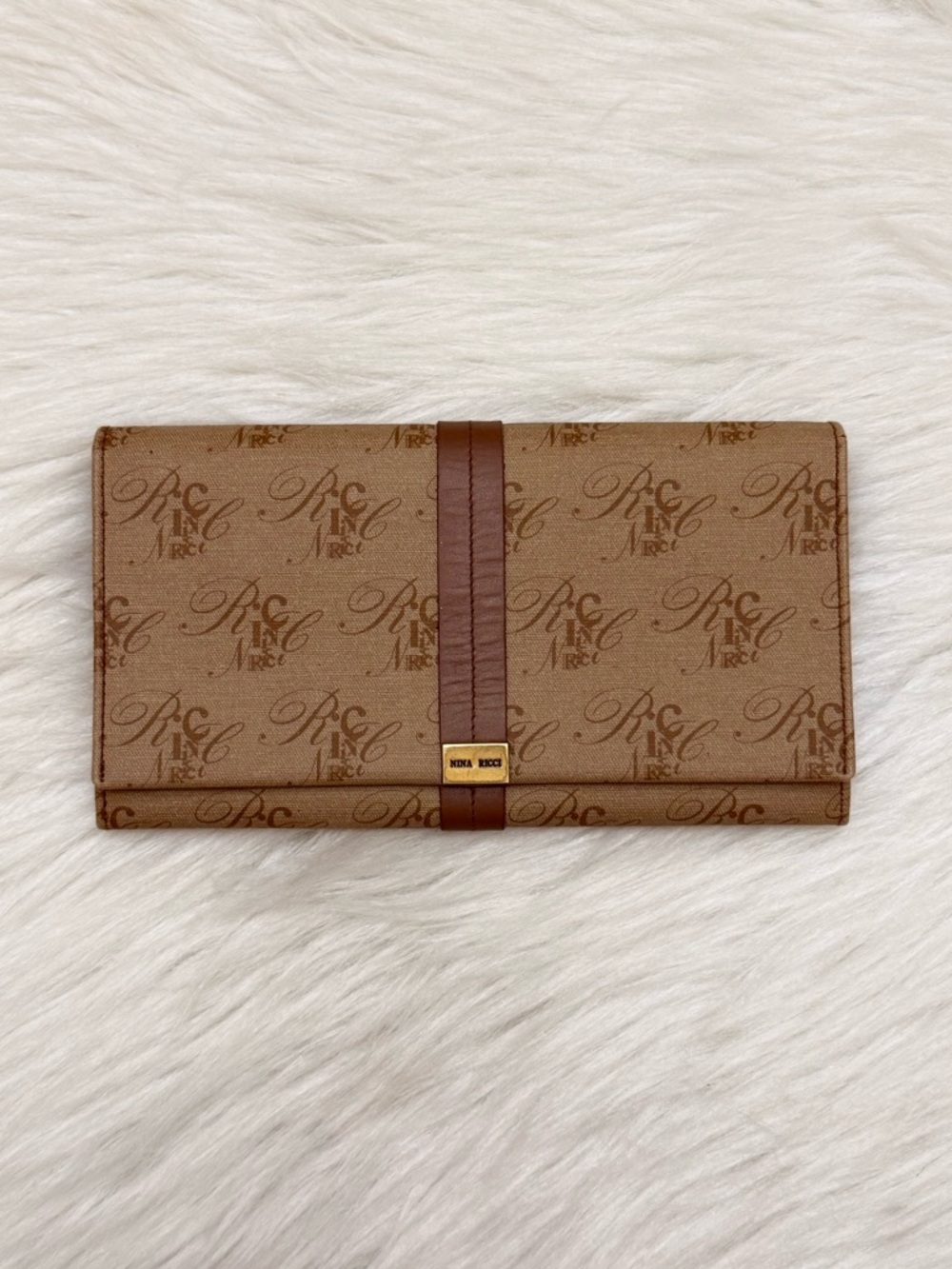 NINA RICCI - BROWN TAN CANVAS LEATHER MONOGRAM LONG BIFOLD SNAP WALLET - Picture 2 of 12